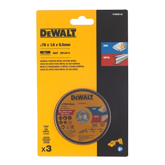 DEWALT package containing three general purpose metal cutting wheels, size 76 x 1.6 x 9.5mm. The packaging is yellow and black, displays compatibility for cutting metal and inox, and includes product specifications and safety instructions.