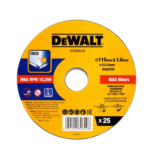 DEWALT DT20593 cutting disc for metal, especially stainless steel (Inox), with dimensions 115mm x 1.0mm and 22.23mm hole. Maximum RPM is 12,250 and maximum speed is 80 m/s. The disc features safety warnings, compliance standards, and barcode, and is packaged in sets of 25.