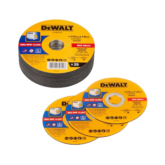 A stack of 25 DEWALT DT20593 cutting discs for metal, with some individual discs shown in front. The discs are yellow and black, labeled INOX, 115mm x 1.0mm, and have a maximum RPM of 12,250.