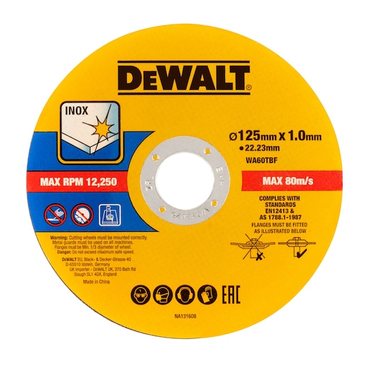 A DEWALT branded metal cutting disc for inox (stainless steel) applications with specifications: diameter 125mm, thickness 1.0mm, bore 22.23mm. The disc features safety and usage icons, compliance standards, and maximum RPM of 12,250 and max speed of 80m/s. The design is primarily yellow, blue, and red with manufacturers’ and safety instructions.