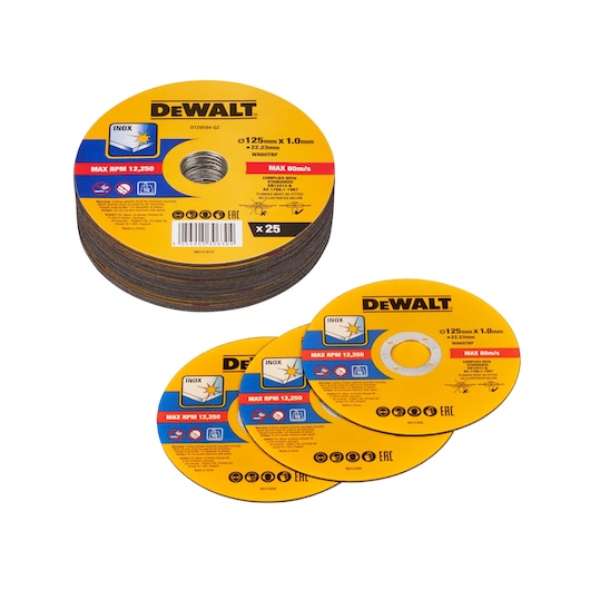 A stack and several individual DEWALT DT20594 yellow cutting discs for metal, with product information and safety icons printed on the labels.
