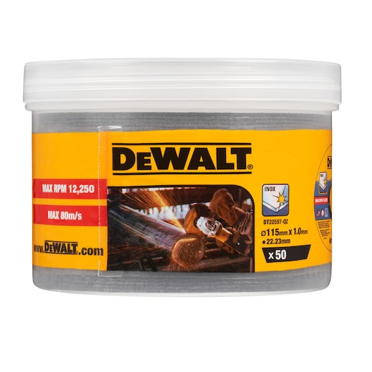 A plastic container of DEWALT DT20597 cutting discs, labeled with specifications including 115mm diameter, 1.0mm thickness, 22.23mm bore, for inox use, maximum RPM 12,250, and contains 50 discs. The container features the DEWALT logo and an image of a worker using a cutting tool.