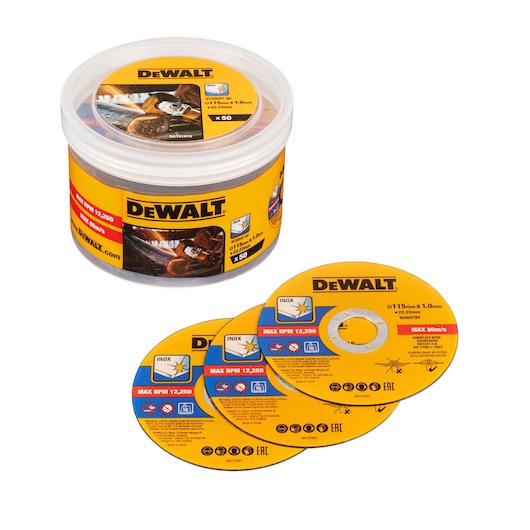 A plastic container of DEWALT cutting discs, SKU DT20597, shown with three individual yellow and black discs displayed in front. The label mentions they are 115mm x 1.0mm discs suitable for metal cutting.