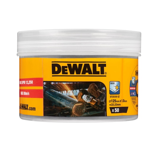 Container of DEWALT DT20598 cutting discs, 125mm x 1.0mm x 22.23mm, 50 pieces, in yellow packaging with product information and an image of a worker using a grinder.