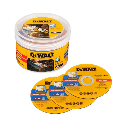 DEWALT DT20598 product showing a round plastic container with a yellow label, containing 50 metal cutting discs. Three yellow discs are displayed in front, each labeled with specifications including diameter 125mm, thickness 1.0mm, max RPM 12,250, and compatibility for cutting metal.