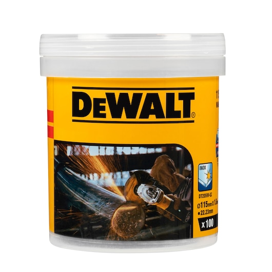 A plastic container of DEWALT branded industrial cutting discs, featuring a yellow label with the DEWALT logo and an image of a worker using an angle grinder, generating sparks. The label shows the model DT20599, size 115mm x 1.0mm x 22.23mm, and quantity of 100 pieces.