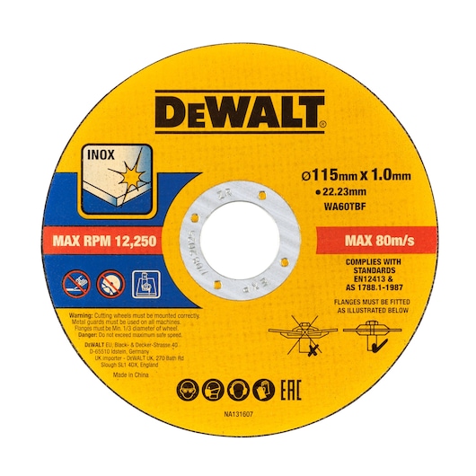 A DEWALT branded cutting disc for inox (stainless steel) with specifications printed on it: diameter 115mm, thickness 1.0mm, bore 22.23mm, model WA60TBF. Maximum RPM is 12,250 and maximum speed is 80 m/s. The disc features safety icons, warning text, and mounting instructions.