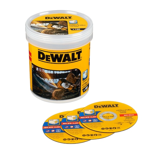 DEWALT DT20599 container with 100 abrasive cutting discs for metal, shown with three discs displayed outside the container. The packaging features DEWALT branding and images of a cutting tool in use.