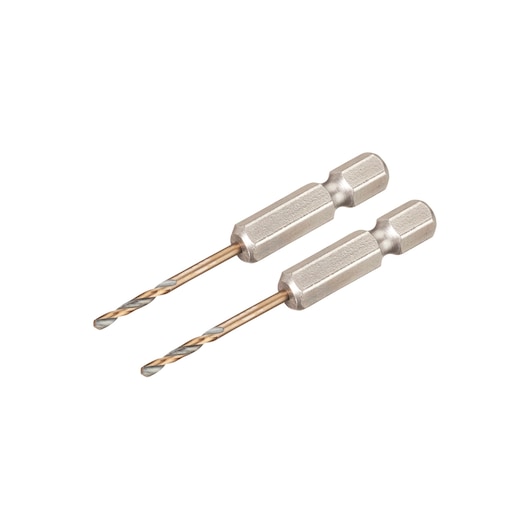 Two DEWALT hex shank drill bits with a silver finish, designed for use with power tools, displayed on a white background.
