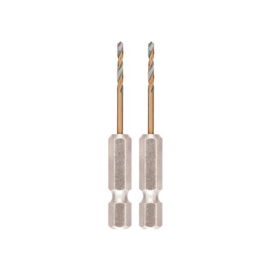 Two DEWALT hex-shank drill bits with titanium coated tips, shown standing vertically on a white background.