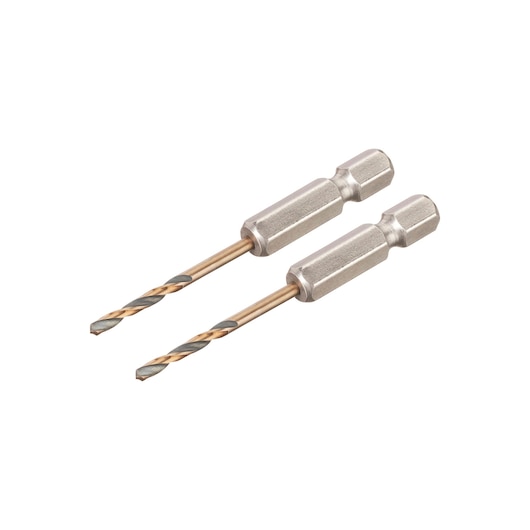 Two metal drill bits with hexagonal shanks, positioned parallel on a white background.
