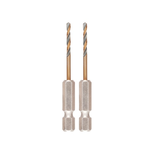 Two DEWALT hex shank drill bits with a titanium coating are shown standing upright side by side on a white background.