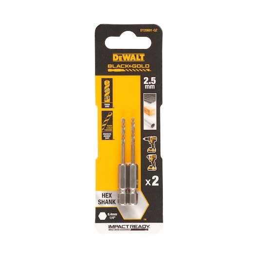 DEWALT Black & Gold 2.5mm hex shank drill bits, twin pack in retail packaging, suitable for wood, metal, and plastic, model DT20601.