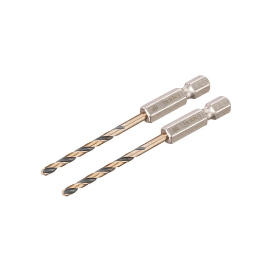 Two DEWALT metal drill bits with hex shanks, placed parallel to each other on a white background.