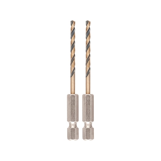 Two DEWALT hex shank drill bits with a gold and black finish, shown vertically side by side against a white background.