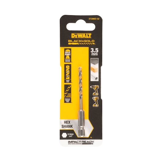 DEWALT Black & Gold impact-ready hex shank drill bit, 3.5 mm size, packaged in retail display card. The packaging highlights features such as split point, tough core, and rust protection.