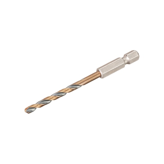 A close-up image of a DEWALT hex shank drill bit, DT20604, with a twisted design and a metallic finish, isolated on a white background.