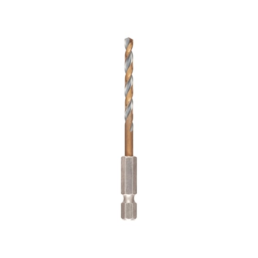 A close-up image of a DEWALT metal drill bit with a hex shank, shown vertically on a white background.
