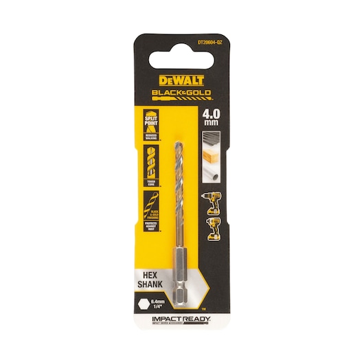 DEWALT Black & Gold 4.0 mm hex shank drill bit in retail packaging. The package highlights features like split point for reduced walking, tough core, and rust-protective black and gold coating. Suitable for use with wood, metal, and plastic materials. The bit is impact ready and has a 6.4 mm (1/4 inch) hex shank.