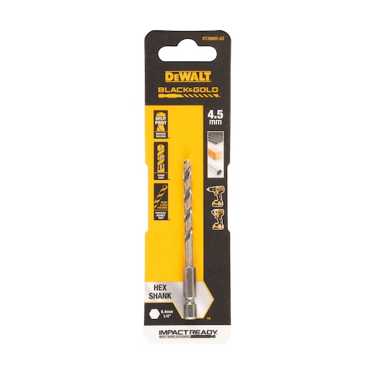 Packaged DEWALT Black & Gold 4.5 mm impact ready hex shank drill bit, model DT20605, designed for use with impact drivers and drills. The packaging highlights features including split point tip, tough core, and corrosion-resistant black and gold coating.