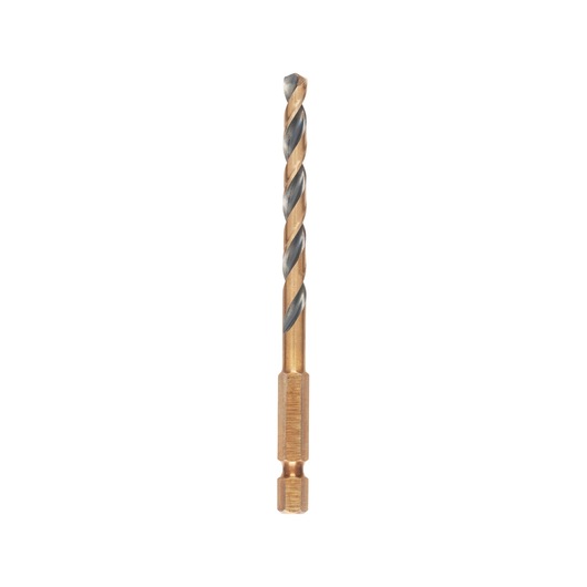 A single titanium-coated hex shank drill bit, shown vertically on a plain white background.