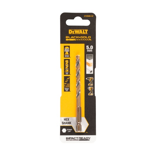 A packaged DEWALT Black & Gold hex shank drill bit, 5.0 mm, designed for impact drivers. The packaging highlights features such as a split point tip, corrosion protection, and a 6.4 mm (1/4 inch) hex shank.