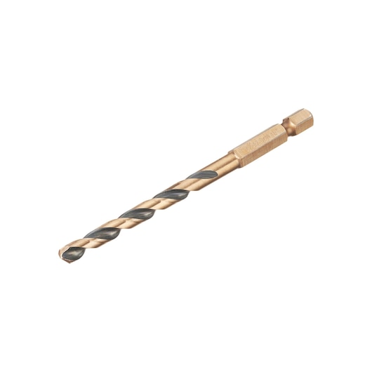 A single DEWALT hex shank twist drill bit with a gold and black finish, designed for use with power drills.