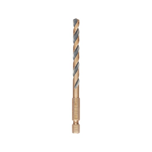 A single DEWALT metal drill bit with a hex shank and titanium coating, shown upright on a white background.