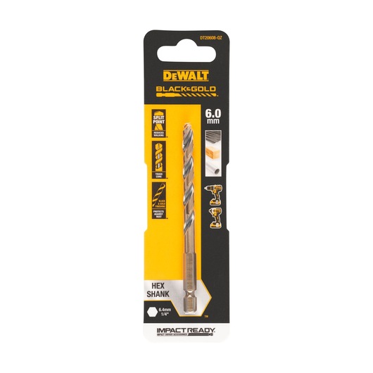 DEWALT Black & Gold 6.0 mm hex shank drill bit in retail packaging, showing product features like split point tip, black and gold finish to resist rust, and compatibility with 1/4 inch hex impact drivers.