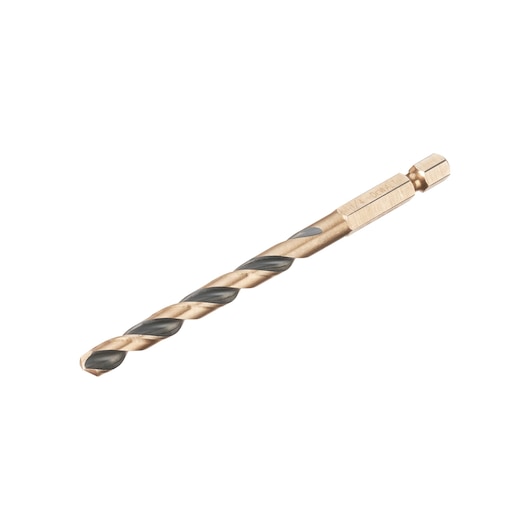 A DEWALT gold-colored drill bit with a hex shank, designed for use with power drills.