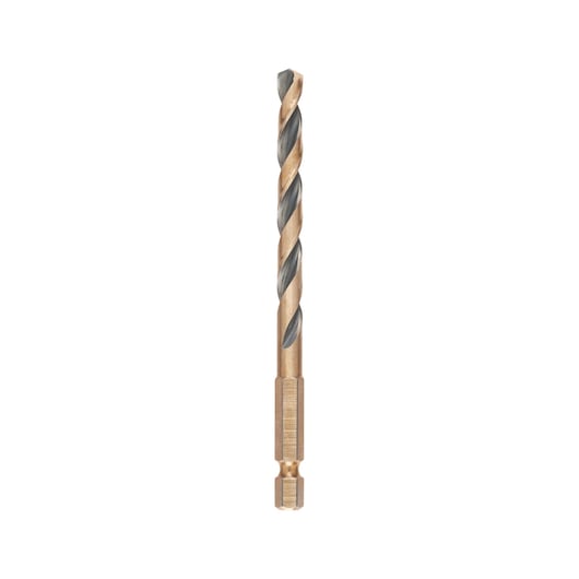 A close-up image of a DEWALT metal drill bit with a gold and silver spiral design and a hex shank, displayed on a white background.