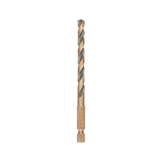A single DEWALT hex shank twist drill bit with a gold and silver finish, shown vertically on a white background.