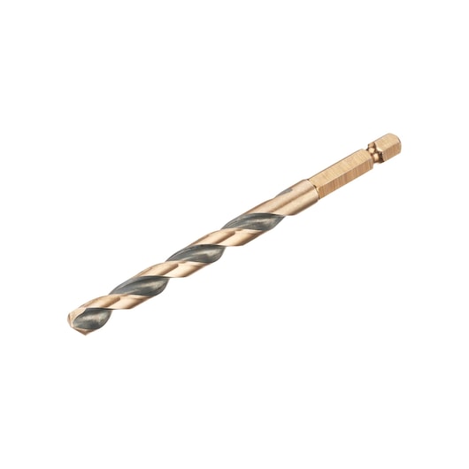 A single DEWALT metal drill bit with a gold and silver finish, featuring a hexagonal shank for quick change compatibility, shown on a white background.
