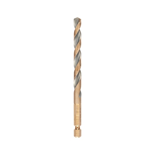 A single DEWALT metal drill bit with a hex shank, gold and silver in color, shown on a white background.