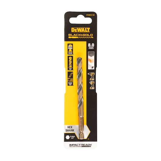 DEWALT Black & Gold 8.0mm drill bit with hex shank in retail packaging, suitable for use with impact drivers and drills.