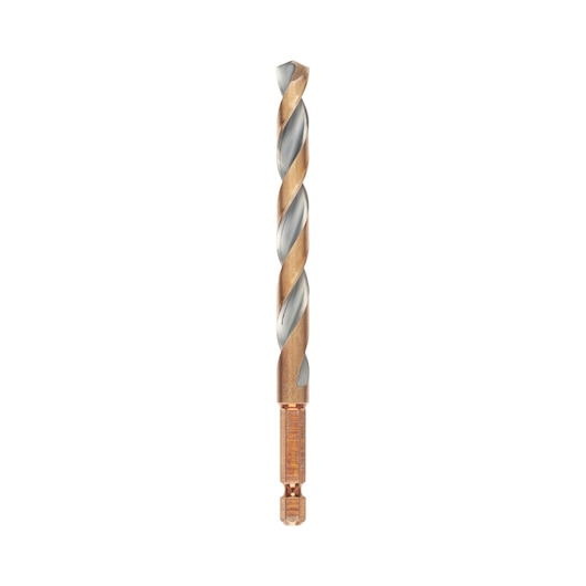 A single DEWALT metal drill bit with a hex shank and a gold and silver spiral design, shown on a white background.