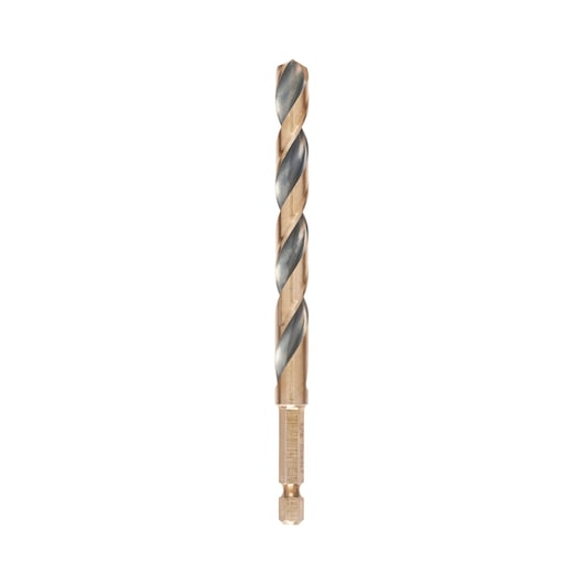 A single DEWALT DT20615 hex shank twist drill bit with a gold and silver finish, shown vertically on a white background.