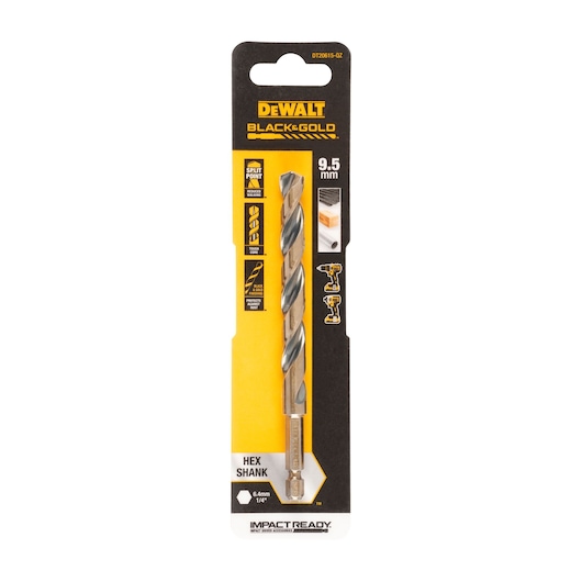 A DEWALT Black & Gold 9.5 mm hex shank drill bit in its packaging, featuring split point tip and impact ready design for use with wood, metal, and plastic.