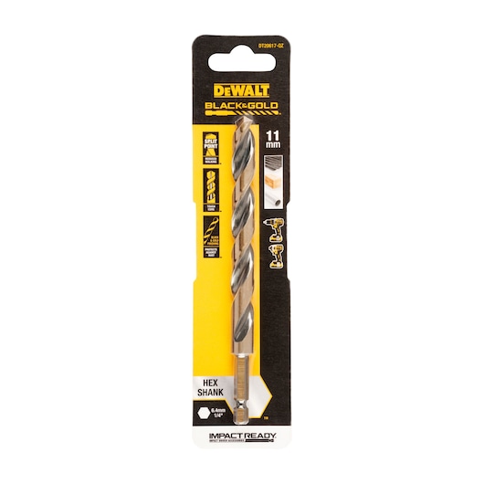 Packaging of a DEWALT BLACK & GOLD 11 mm hex shank drill bit, model DT20617, designed for impact drivers. The package includes product features such as split point, usage recommendations, and is branded with DEWALT colors and logos.