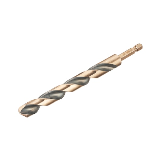 A DEWALT metal twist drill bit with a gold and black color, featuring a hexagonal shank.