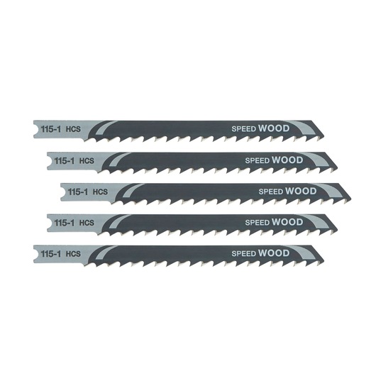 Set of five DEWALT jigsaw blades for wood, labeled 115-1 HCS SPEED WOOD, shown in a horizontal layout.