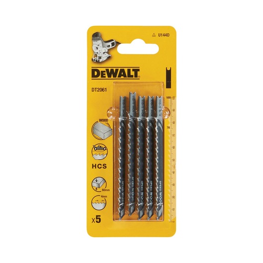 DEWALT DT2061 pack of 5 wood cutting jigsaw blades on yellow card for woodworking.