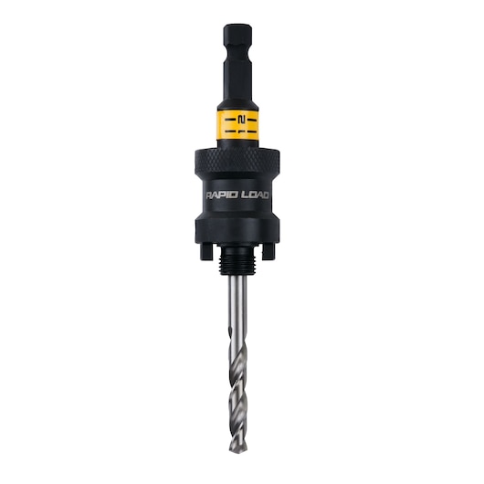 DEWALT DT20626 Rapid Load drill bit holder with a metal drill bit, featuring a black body, yellow label, and hexagonal shank.
