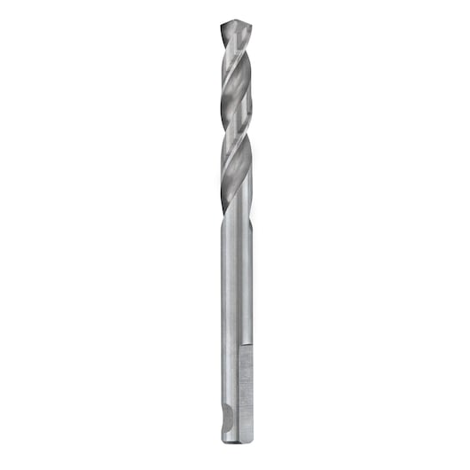 A single metal drill bit with a spiral flute, photographed on a white background.