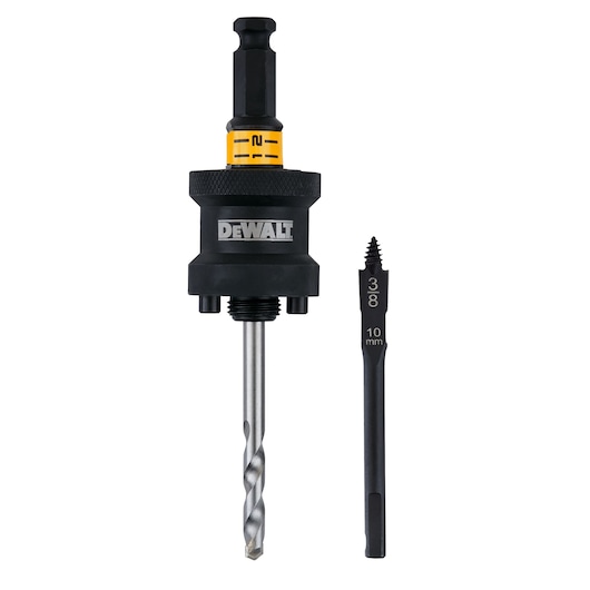 DEWALT hole saw arbor set with a pilot drill bit and a separate drill bit marked 3/8 10mm, displayed on a white background.