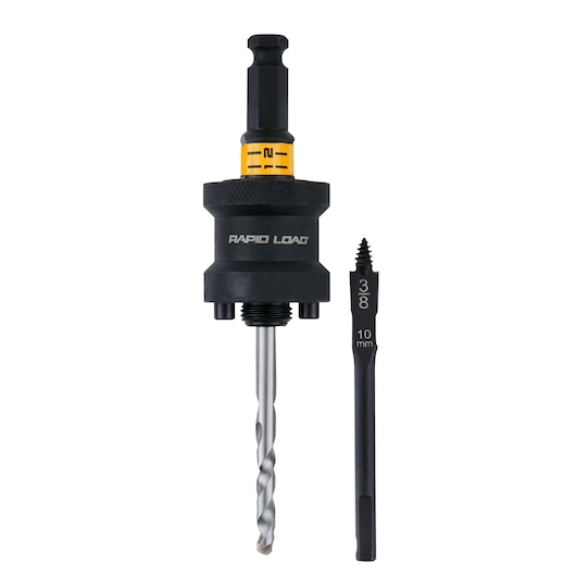 A DEWALT Rapid Load drill bit and a separate 3/8 inch (10 mm) drill accessory, shown against a white background.
