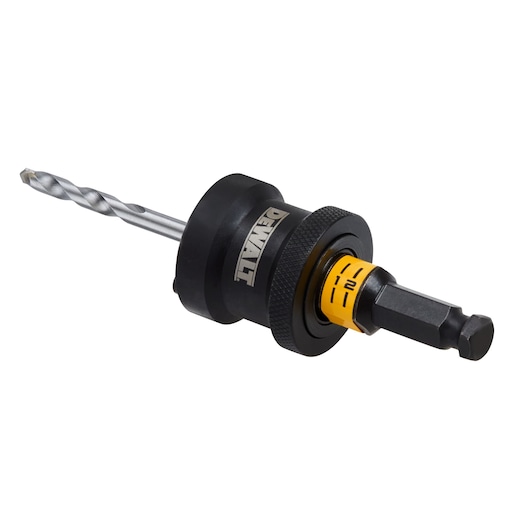 A DEWALT branded drill bit holder with a twist drill bit attached, featuring a black and yellow design and a hex shank for power tool compatibility.
