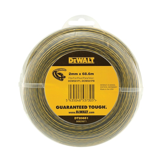 Coiled spool of yellow and black wire on a white background.