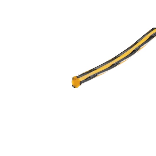 Close-up of a DEWALT DT20651 yellow and black replacement trimmer line for gardening tools on white background.