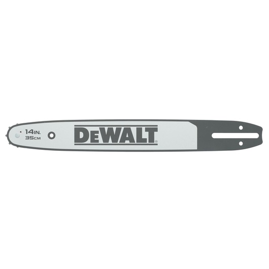 DEWALT 14-inch (35cm) chainsaw guide bar, metal, straight, with mounting holes and logo visible.